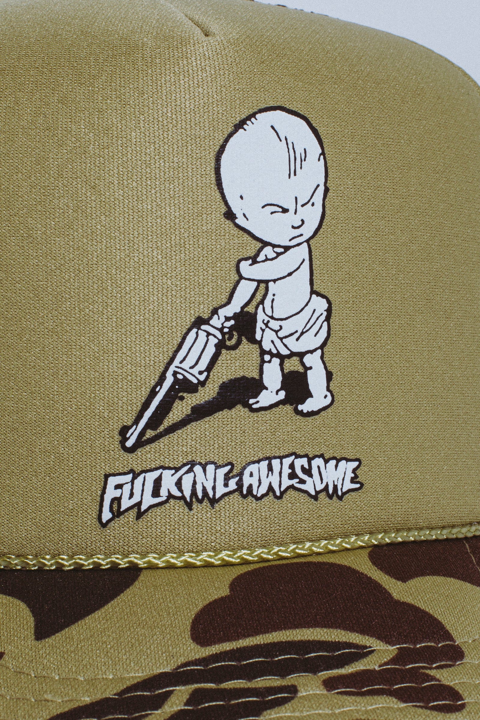 Fucking Awesome Gun Baby Soft Foam Trucker Hat Tan Camo