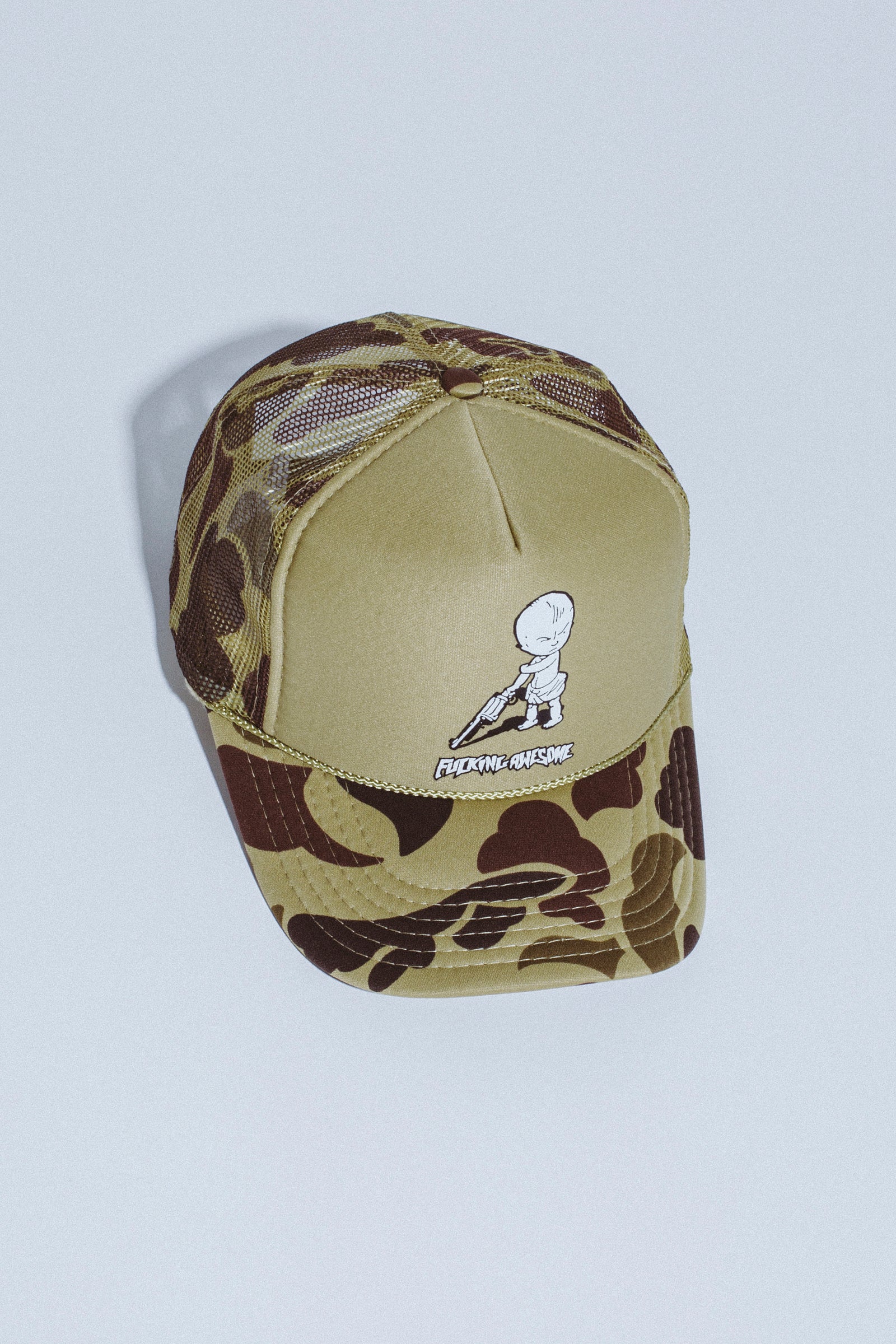 Fucking Awesome Gun Baby Soft Foam Trucker Hat Tan Camo