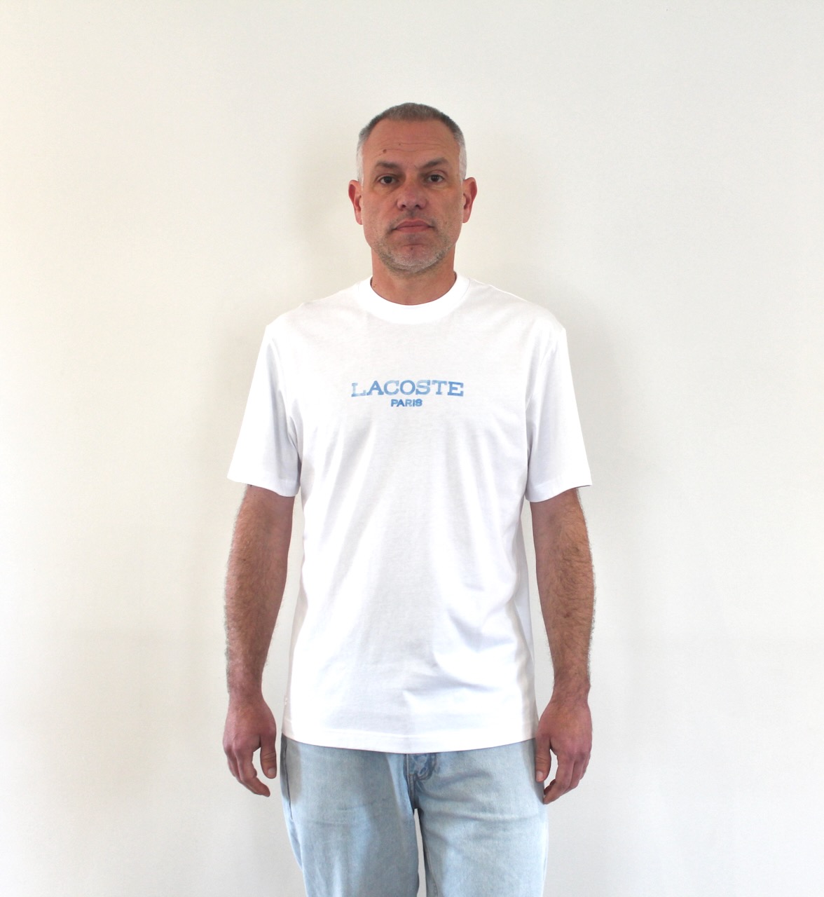 Lacoste Tee Shirt Antik Script Blanc Bleu