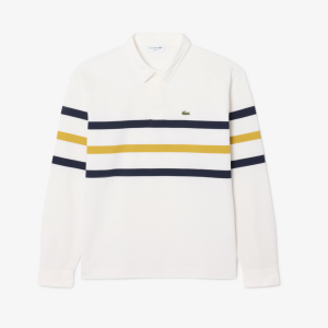 Lacoste Polo manches longues rayures blanc navy ocre