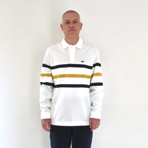 Lacoste Polo manches longues rayures blanc navy ocre