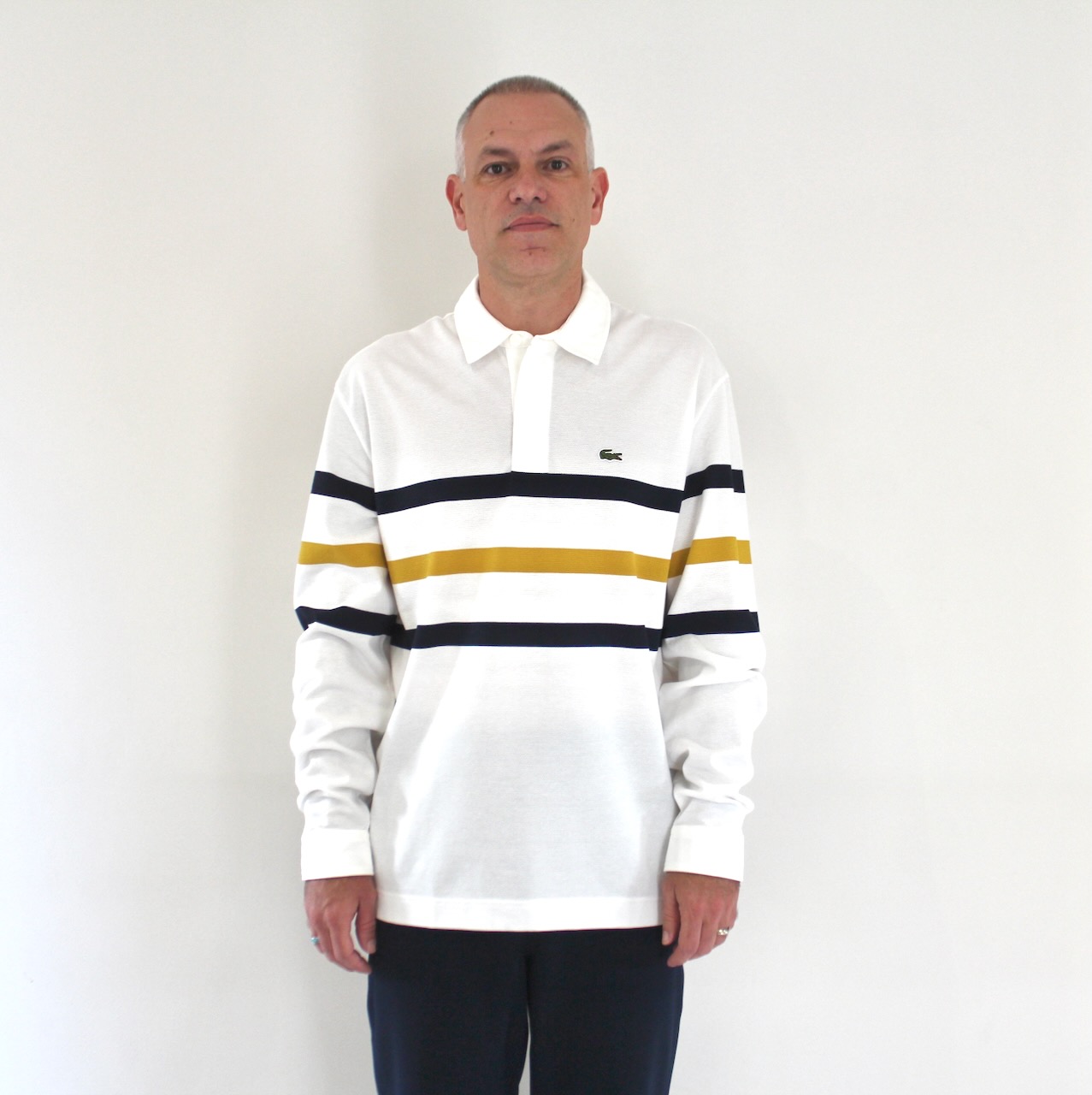 Lacoste Polo manches longues rayures blanc navy ocre