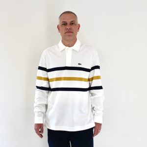 Lacoste Polo manches longues rayures blanc navy ocre