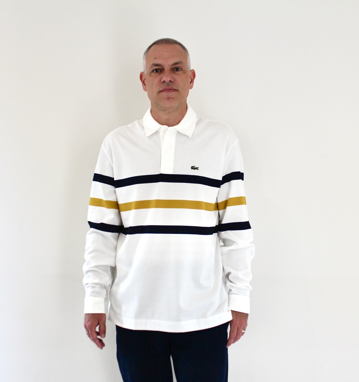 Lacoste Polo manches longues rayures blanc navy ocre