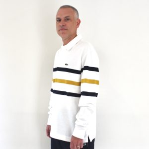 Lacoste Polo manches longues rayures blanc navy ocre