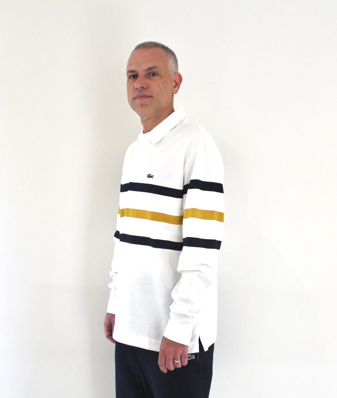 Lacoste Polo manches longues rayures blanc navy ocre