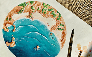 Watercolor painting by Léa Poisson - This "aerial view painting" is inspired by one of the Algarve's most beautiful beaches in South of Portugal: Praia Do Camilo, Lagos