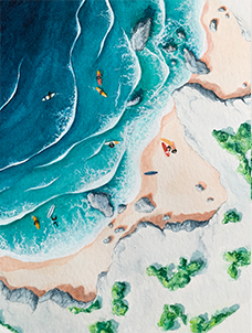 Watercolor painting by Léa Poisson - Inspired by the coastline of Sesimbra (Portugal), and its turquoise-blue waters.