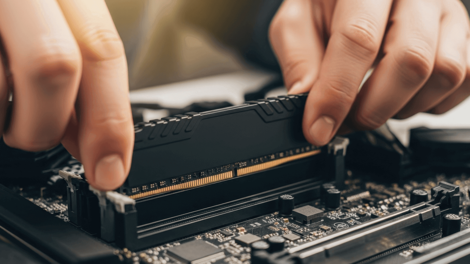 Zoom sur les mains d'un opérateur changeant la RAM d'un appareil.