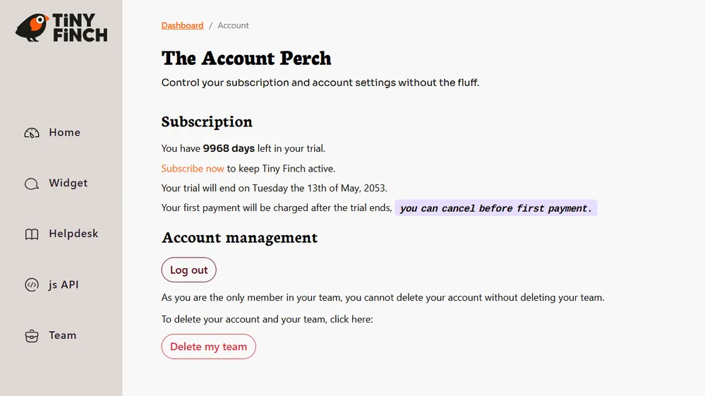 Preview of the Account page