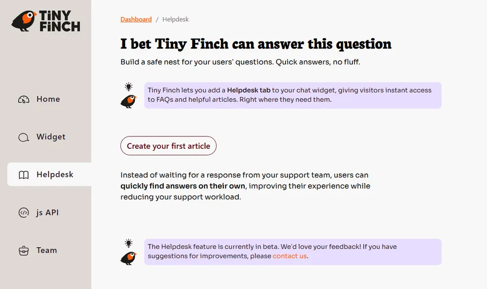 Preview of the Helpdesk page