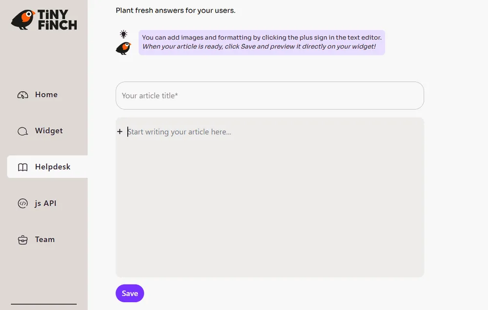 The interface for writing your helpdesk article.