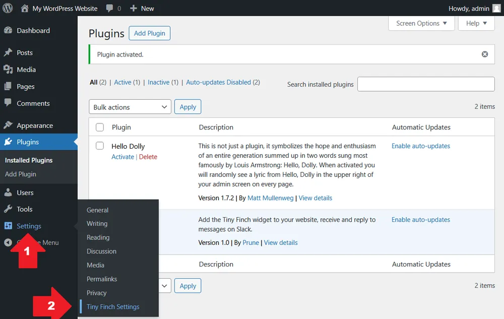 Finding the Tiny Finch settings on WordPress.