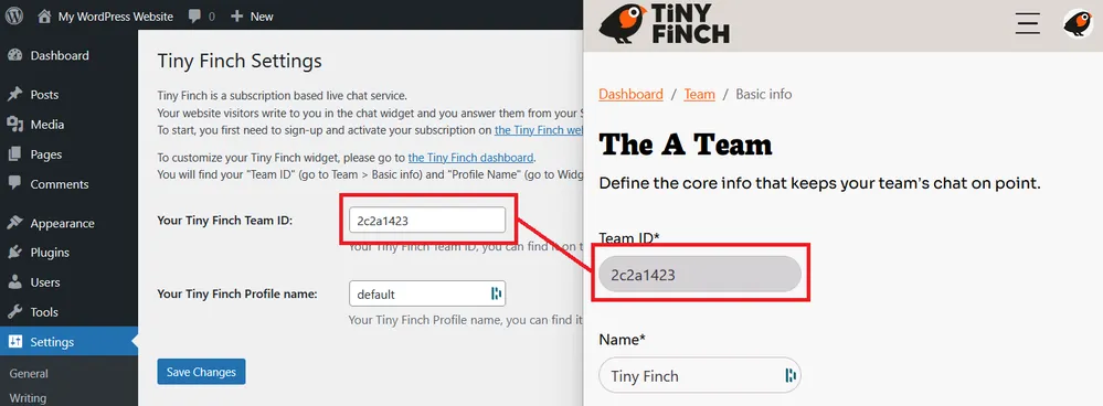 Your Team ID on WordPress settings (left) and Tiny Finch dashboard (right) must match.