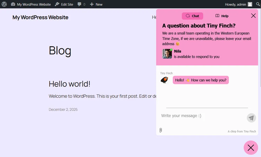 Tiny Finch widget at the bottom right.
