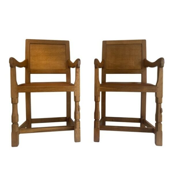 Classic Mouseman Pair of Panel Back Arm Chairs