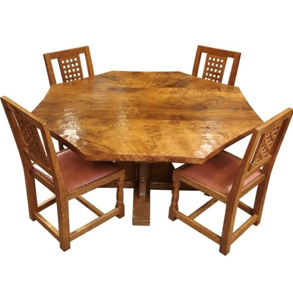 Classic Mouseman 4'6" Octagonal Dining Table With Character Burr Oak Top & Four Chairs