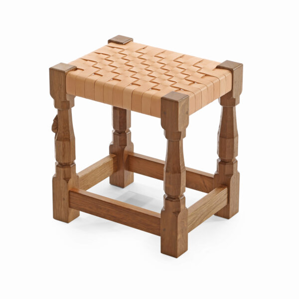 Mouseman Oak Small Stool With Interwoven Leather Top