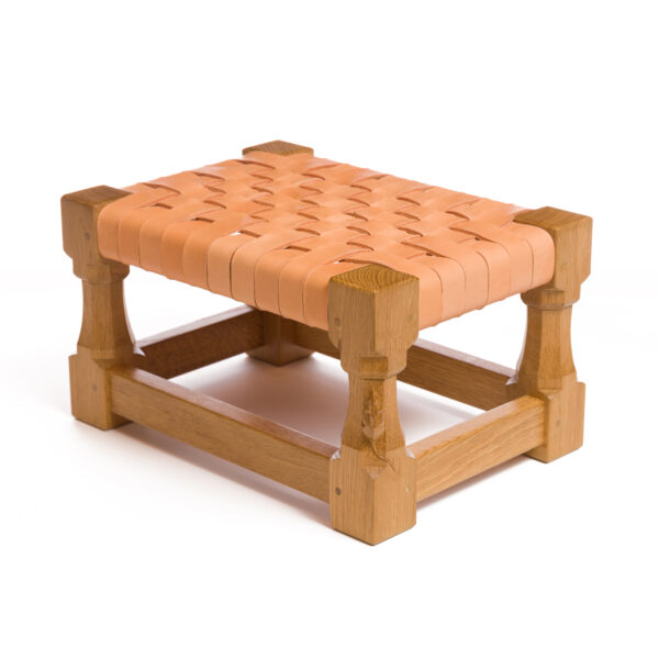 Mouseman Oak Footstool with Interwoven Leather Top
