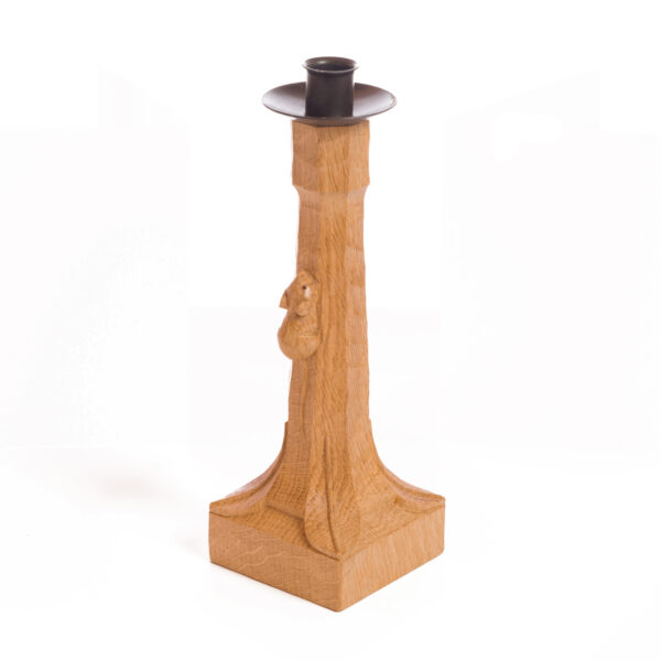 Mouseman Oak Candlestick with Wrought Iron Candle Sconce