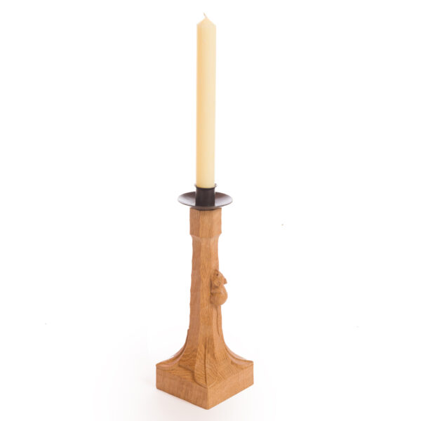 Mouseman Oak Candlestick with Wrought Iron Candle Sconce