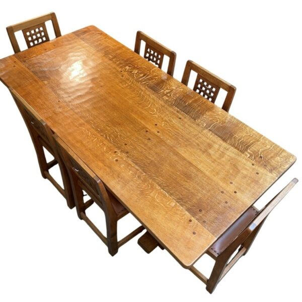 Classic Mouseman 6ft Refectory Dining Table with Dowelled Top, Complete With Six Lattice Back Dining Chairs