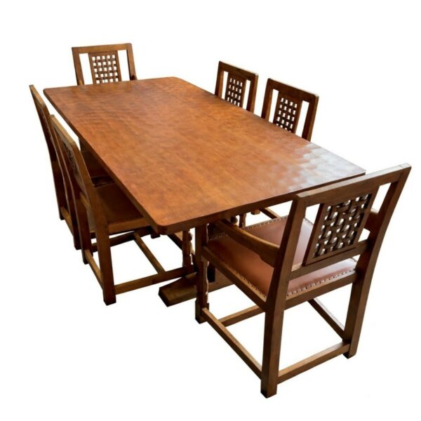 Classic Mouseman 6 ft Refectory Dining Table with Four Lattice Back Dining Chairs and Two Arm Chairs