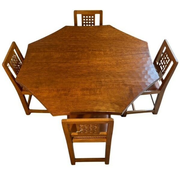 Classic Mouseman 4'6" Octagonal Dining Table with Four Lattice Back Dining Chairs