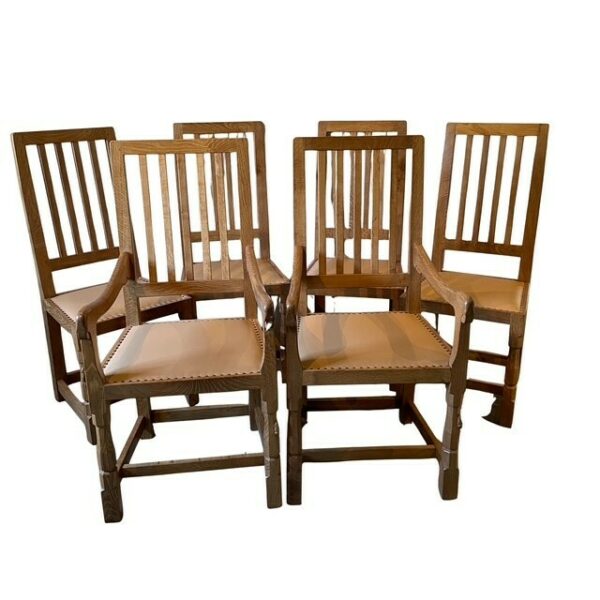 Classic Mouseman Dining Chair Set - Two Curved Back Arm Chairs and Four Dining Chairs