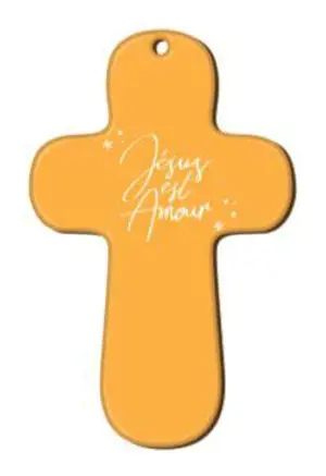 CROIX JAUNE EN BOIS IMPRIMEE JESUS EST AMOUR