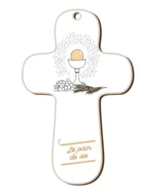 CROIX BLANCHE EN BOIS IMPRIMEE LE PAIN DE VIE - COMMUNION