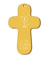 CROIX JAUNE EN BOIS IMPRIMEE JE SUIS LA LUMIERE DU MONDE - BOUGIE
