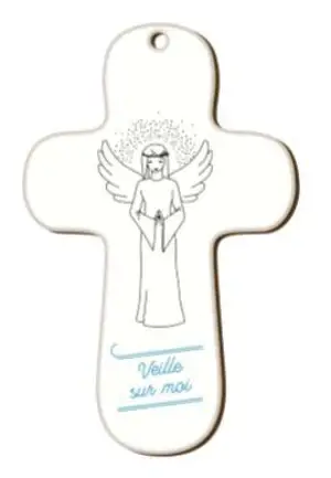 CROIX BLANCHE EN BOIS IMPRIMEE VEILLE SUR MOI - ANGE