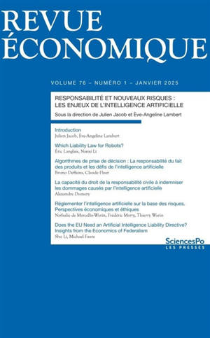 Revue économique, n° 76-1. Responsabilité et nouveaux risques : les enjeux de l'intelligence artificielle