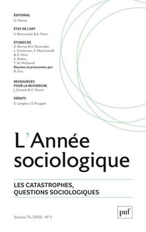 Année sociologique (L'), n° 2 (2025). Les catastrophes, questions sociologiques