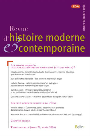 Revue d'histoire moderne et contemporaine, n° 72-4. Les savoirs imprimés : de nouveaux régimes de matérialité (XVe-XVIIe siècle) ?