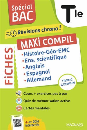 Maxi compil de fiches, tronc commun terminale : histoire géo EMC + enseignement scientifique + anglais + espagnol + allemand : révisions chrono !