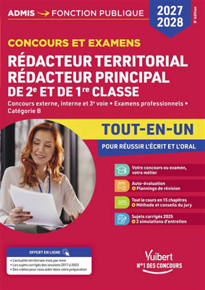 Rédacteur territorial, rédacteur principal de 2e classe : concours externe, interne, 3e voie, catégorie B : tout-en-un, 2027
