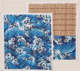 Pincelier bambou et tissu bleu avec vagues | 竹制袋子卷笔帘 惊涛骇浪