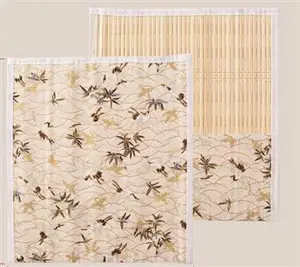 Pincelier bambou et tissu crème avec grues | 竹制袋子卷笔帘 鹤翔云端（白)