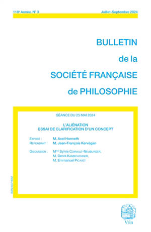 Bulletin de la Société française de philosophie, n° 3 (2024). L'aliénation : essai de clarification d'un concept
