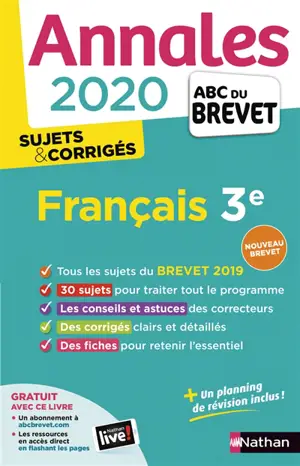 Français 3e : annales brevet 2020, sujets & corrigés : nouveau brevet