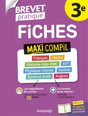 Fiches maxi compil 3e : français, maths, histoire géo EMC, SVT, physique chimie, techno, épreuve orale, anglais