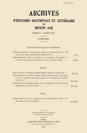 Archives d'Histoire littéraire et doctrinale du Moyen Âge LXXXIX – 2022