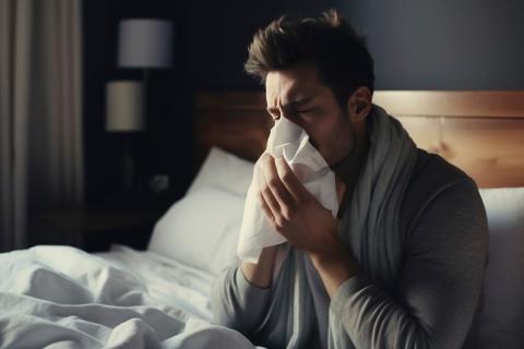 Uomo raffreddato si soffia il naso