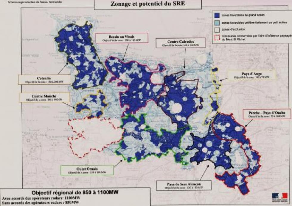 Les 8 secteurs définis pour la production éolienne, avec leurs objectifs de production à l'horizon de 2020.