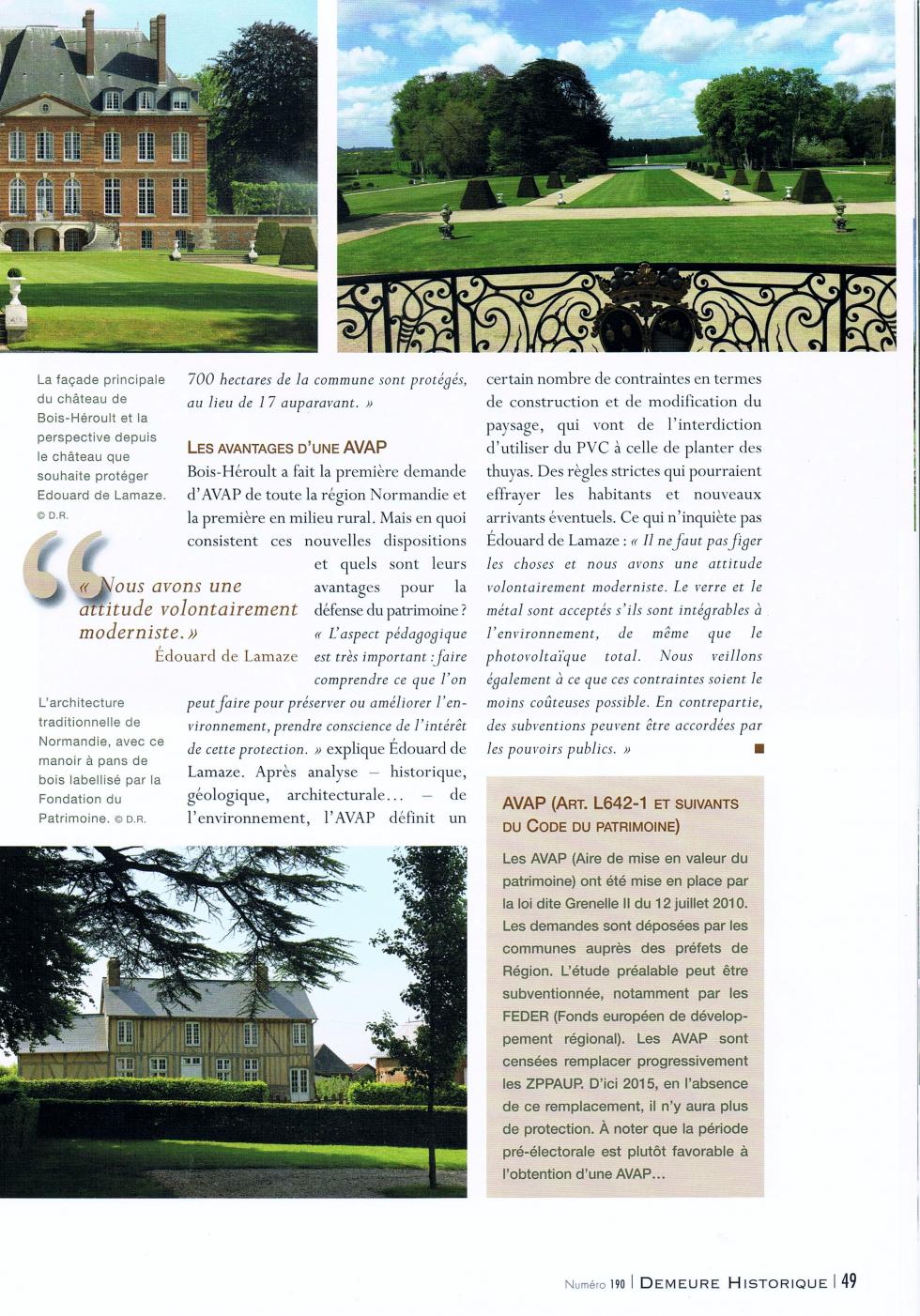 Extrait du numéro de septembre 2013 de la revue de "La Demeure Historique".