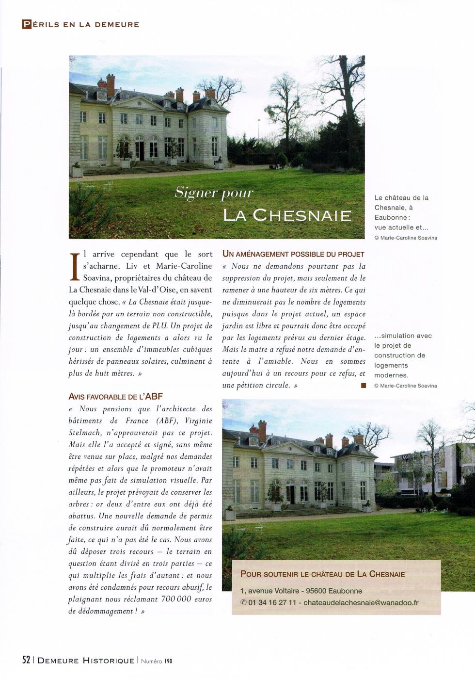 Extrait du numéro de septembre 2013 de la revue de "La Demeure Historique".