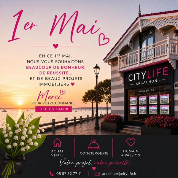 Citylife Arcachon vous souhaite un très bon 1er mai ! 🌸 Que cette journée vous apporte bonheur, réussite et de beaux projets à venir.