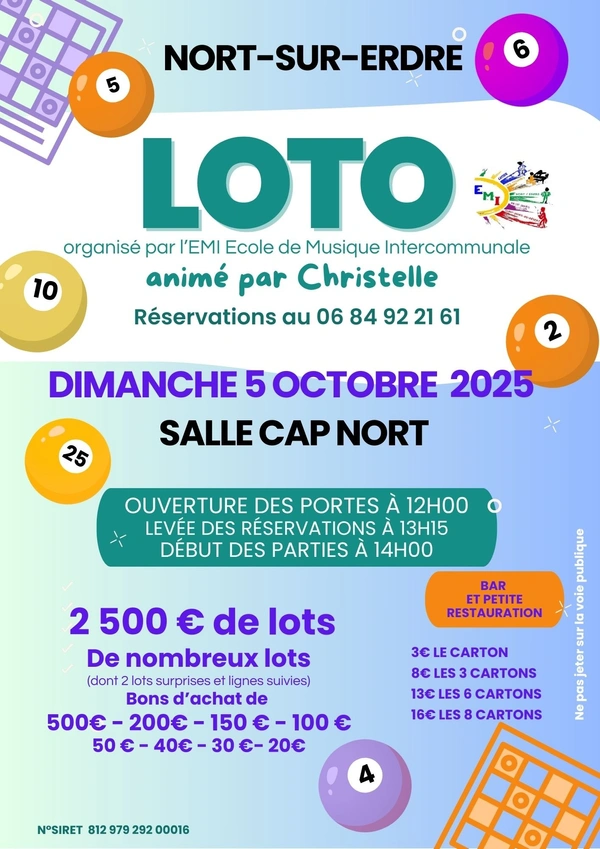 SAINT-MARS-DU-DÉSERT / PETIT-MARS : LOTO DE L'ÉCOLE DE MUSIQUE INTERCOMMUNALE DIMANCHE 5 OCTOBRE 2025